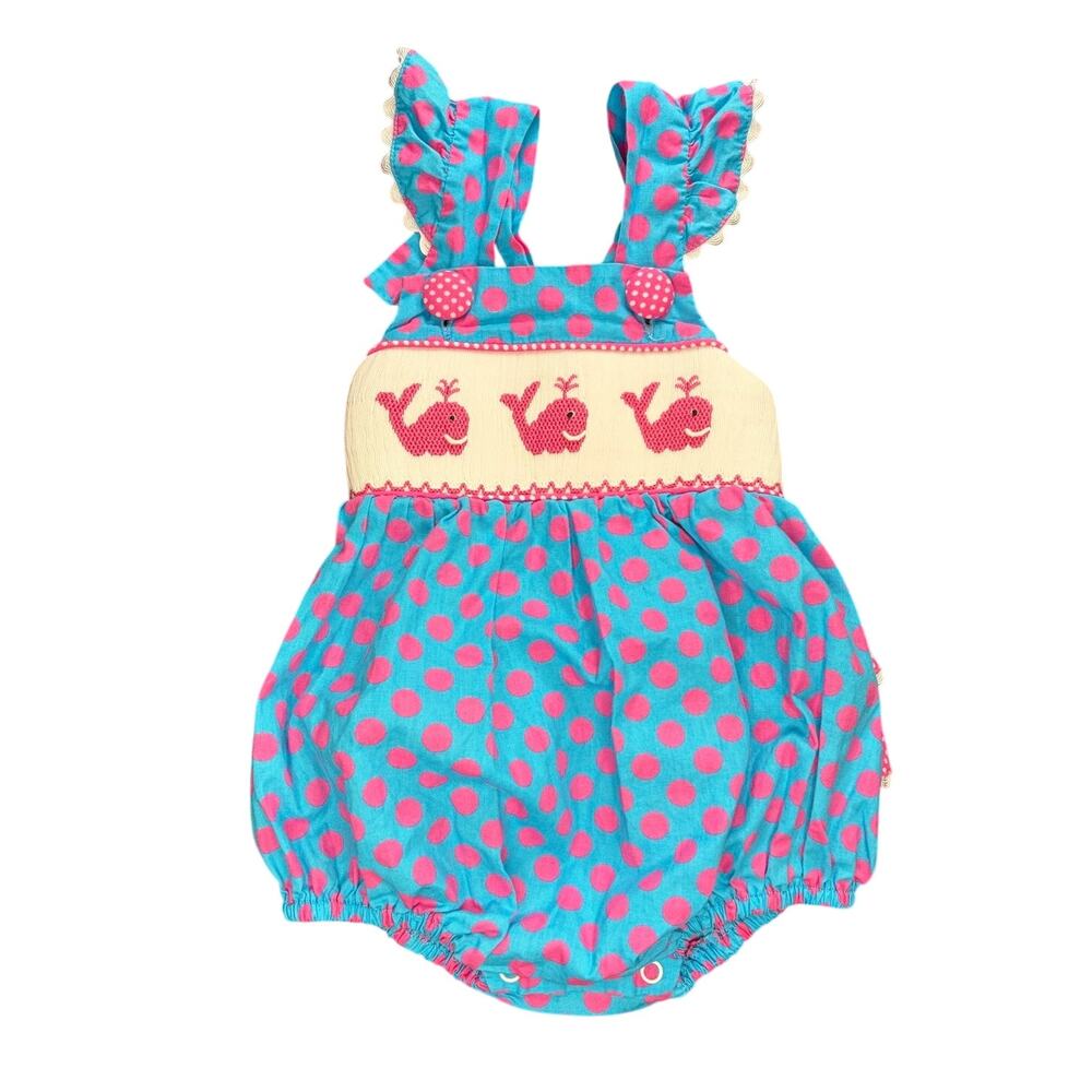 Smocked Auctions (Classic Whimsy) Blue Whale Polka Dot Smocked Bubble Romper 3M